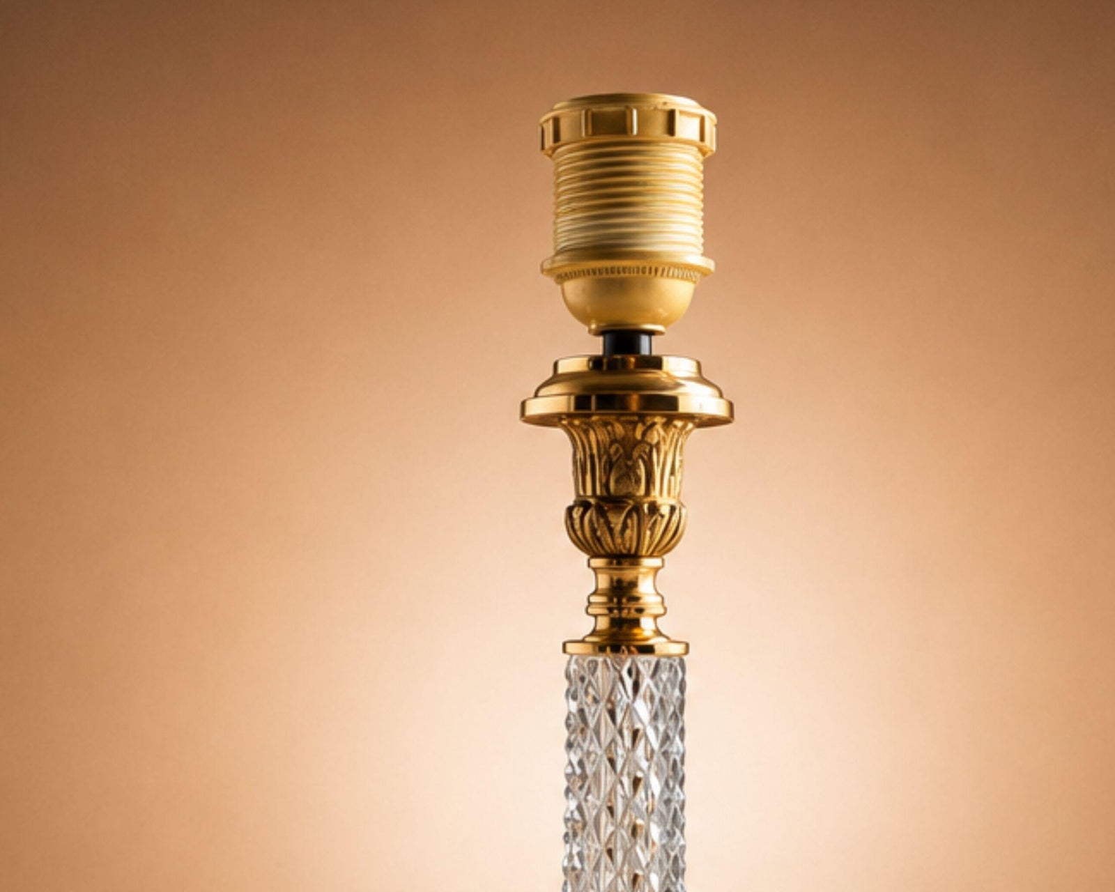 Hollywood Regency Style Cut Glass Table Lamp, Diamond-Cut Column with Brass Fittings