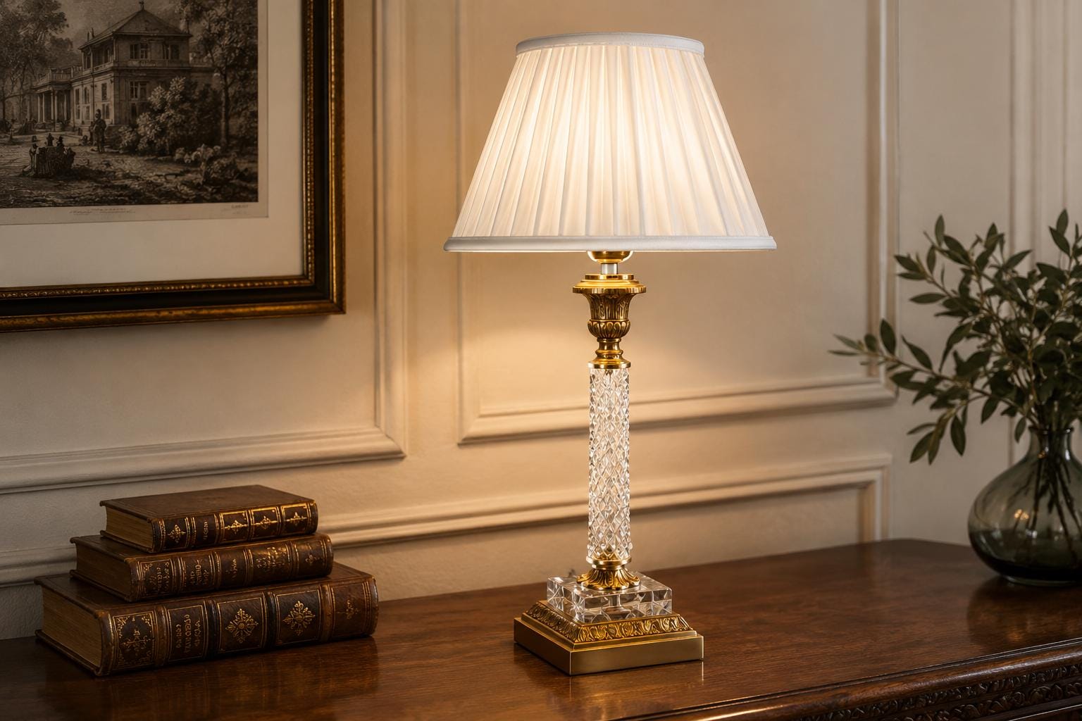 Hollywood Regency Style Cut Glass Table Lamp, Diamond-Cut Column with Brass Fittings