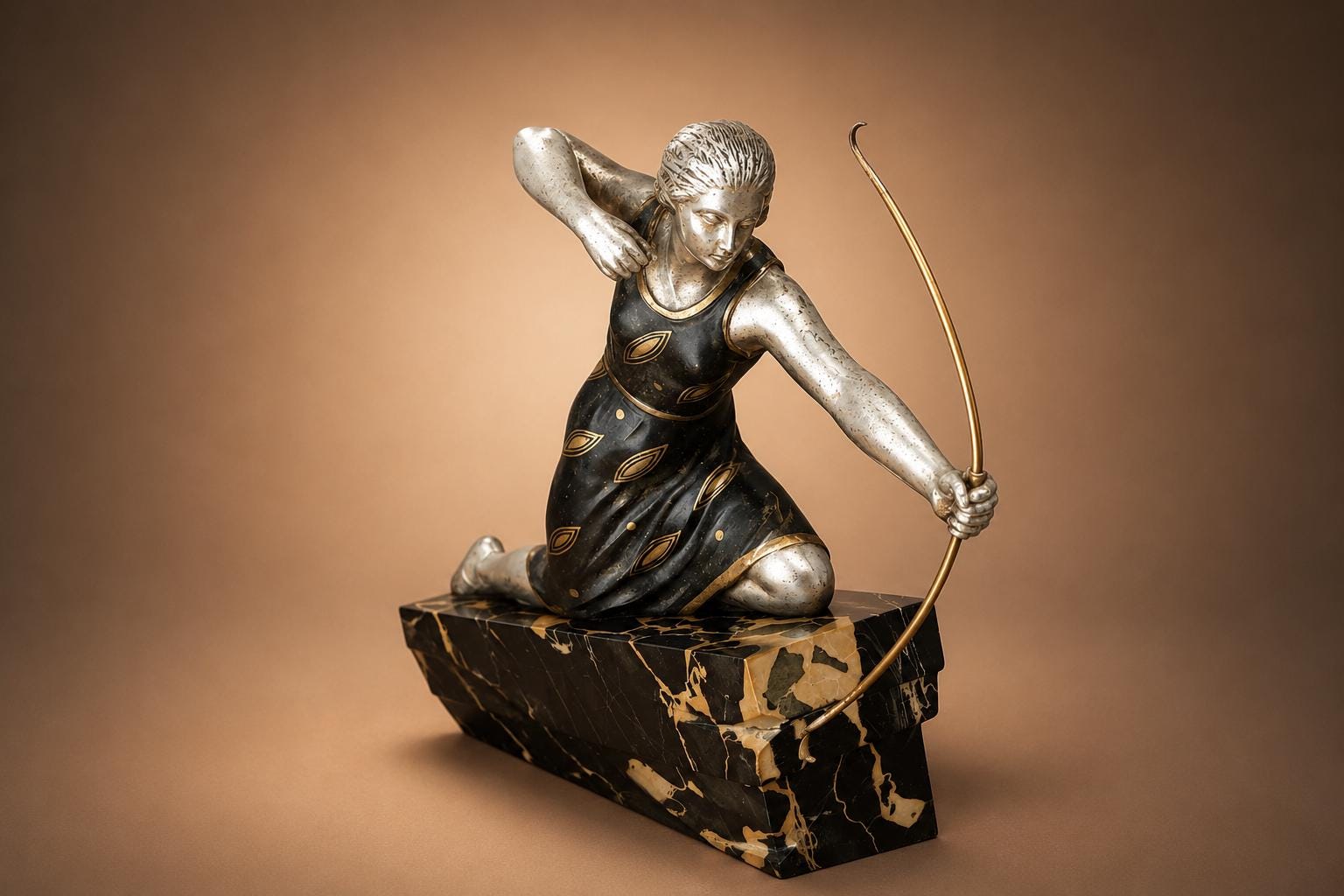 Art Deco Style Diana Huntress Figure, Silver-Tone on Marble Base — 1970s