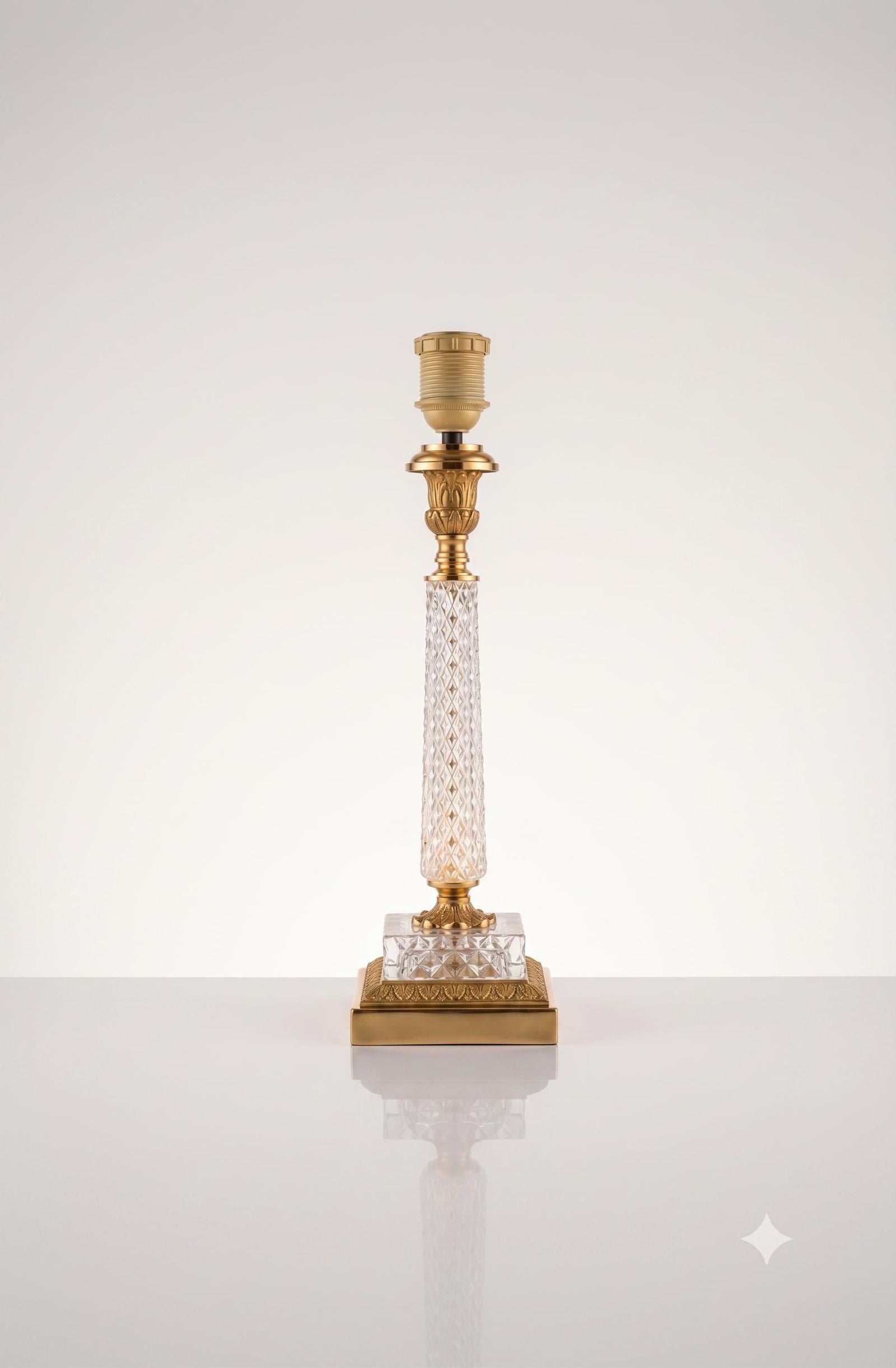 Hollywood Regency Style Cut Glass Table Lamp, Diamond-Cut Column with Brass Fittings