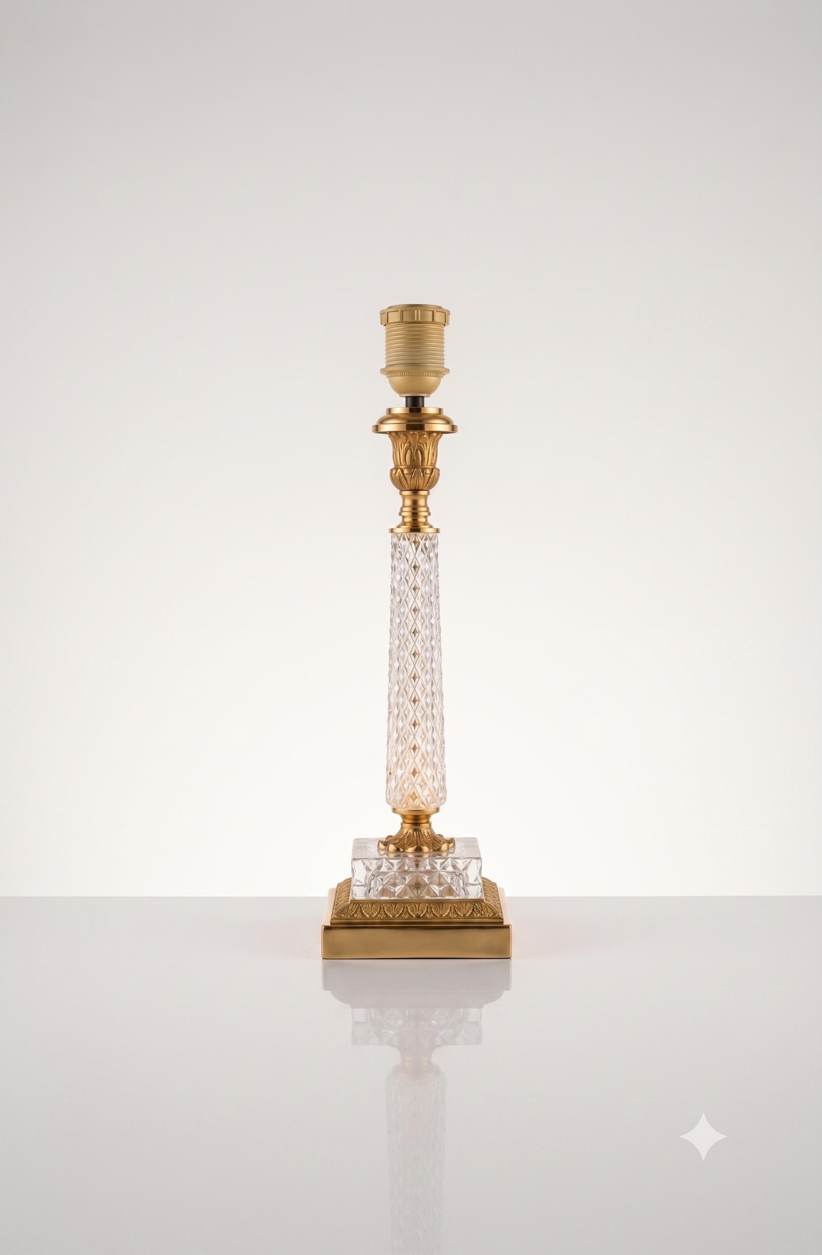 Hollywood Regency Style Cut Glass Table Lamp, Diamond-Cut Column with Brass Fittings