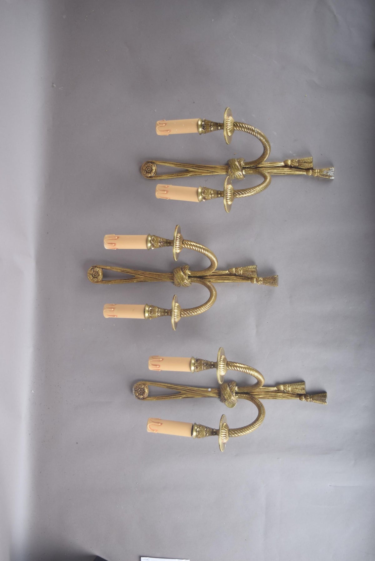 Vintage Brass Wall Sconces, Rope and Tassel Motif, Set of Three, Double Arm