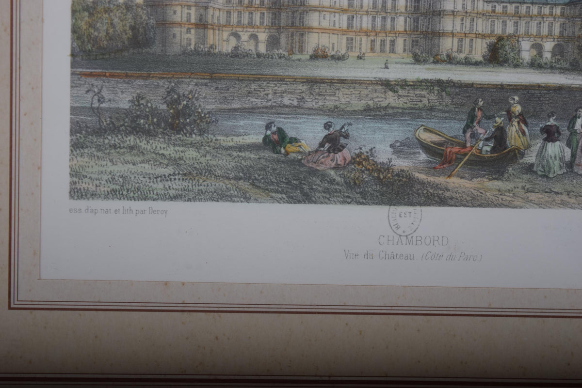 Antique Framed Print of Château de Chambord, Hand-Colored Lithograph by Deroy, French Castle View