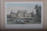 Antique Framed Print of Château de Chambord, Hand-Colored Lithograph by Deroy, French Castle View