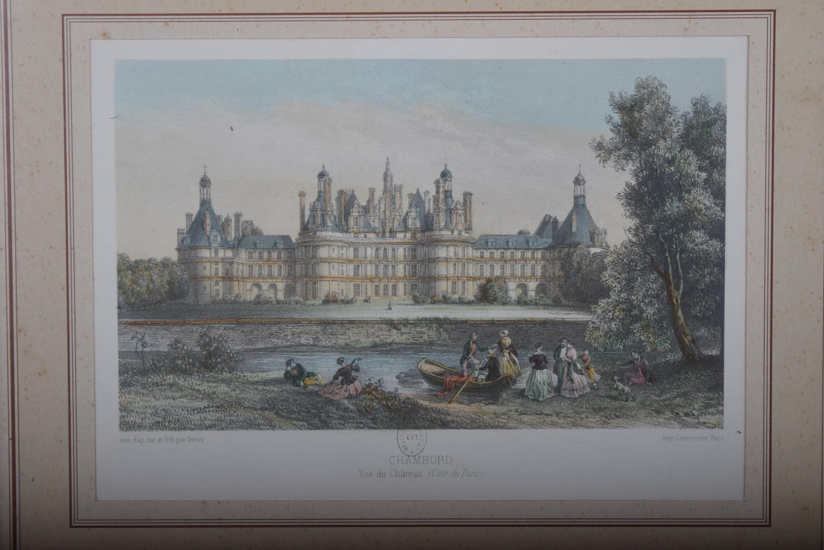 Antique Framed Print of Château de Chambord, Hand-Colored Lithograph by Deroy, French Castle View