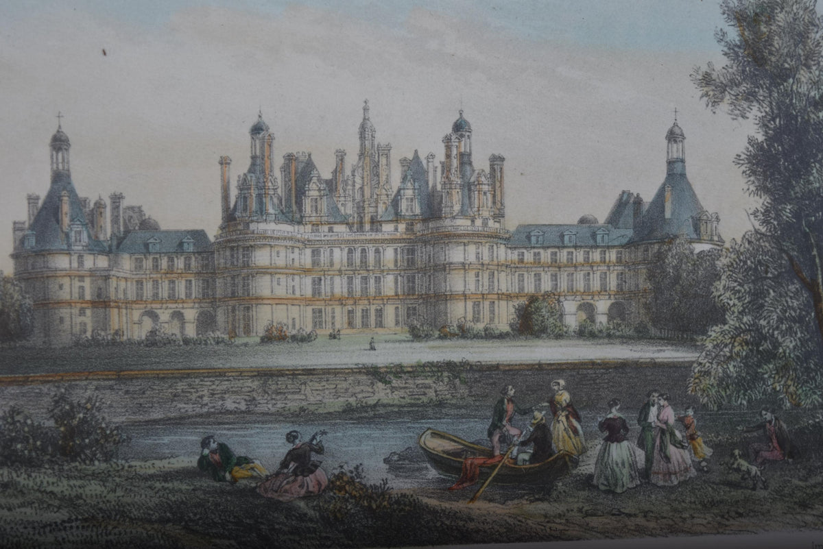 Antique Framed Print of Château de Chambord, Hand-Colored Lithograph by Deroy, French Castle View