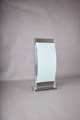 Vintage Chrome and Frosted Glass Table Lamp, Curved Oval Glass Panel Lamp with Walnut Accents, Mid-Century Modern Design