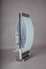 Vintage Chrome and Frosted Glass Table Lamp, Curved Oval Glass Panel Lamp with Walnut Accents, Mid-Century Modern Design