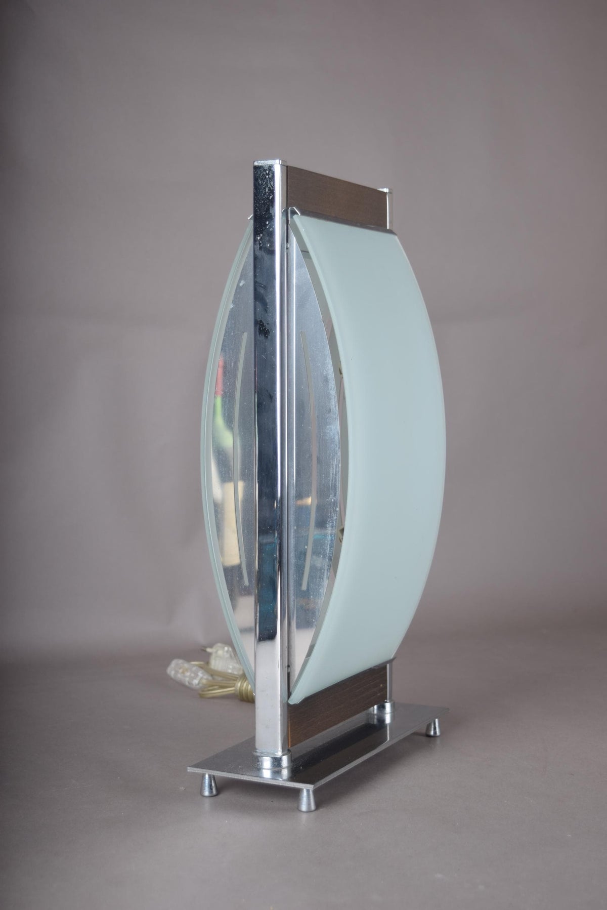Vintage Chrome and Frosted Glass Table Lamp, Curved Oval Glass Panel Lamp with Walnut Accents, Mid-Century Modern Design