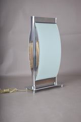 Vintage Chrome and Frosted Glass Table Lamp, Curved Oval Glass Panel Lamp with Walnut Accents, Mid-Century Modern Design
