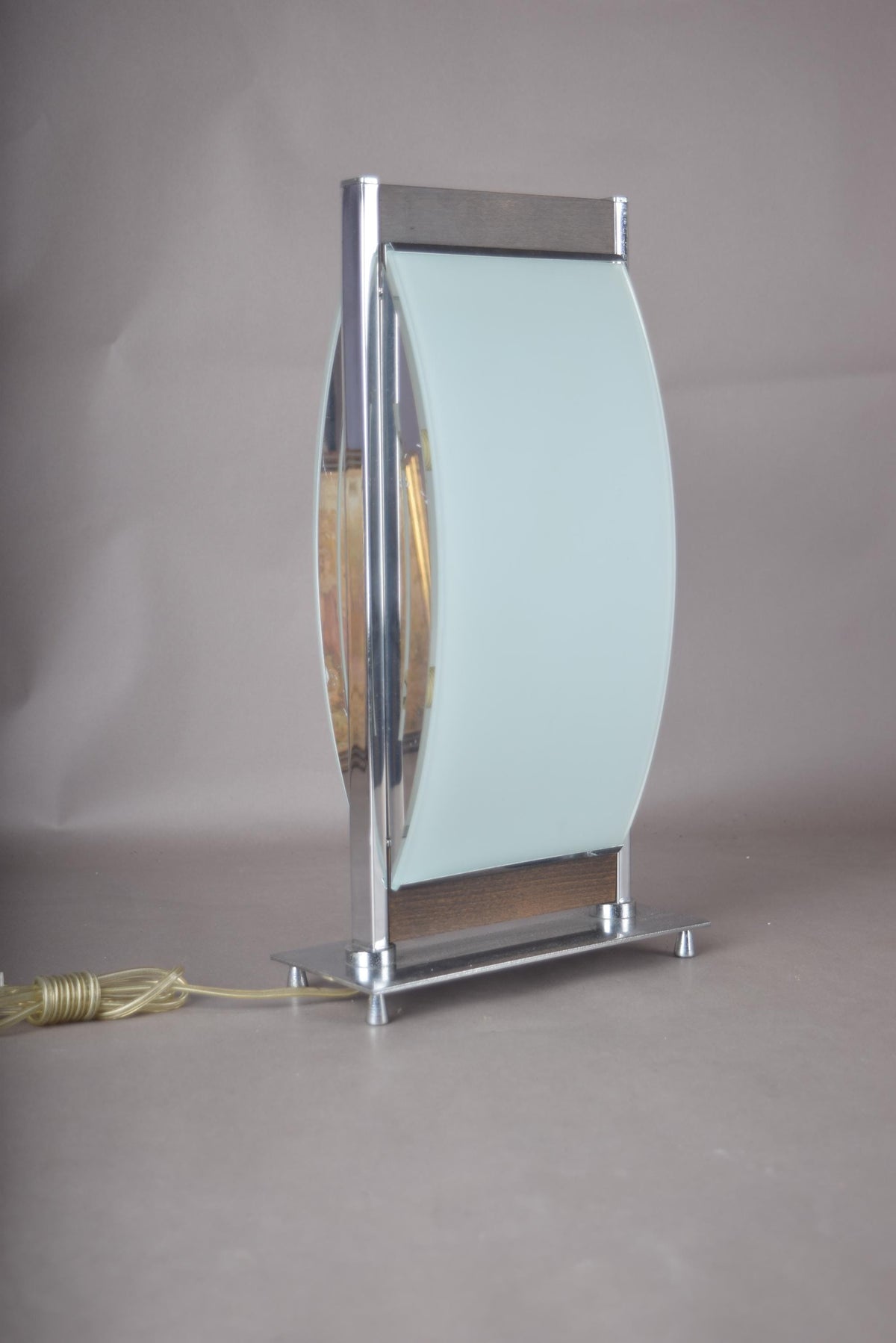 Vintage Chrome and Frosted Glass Table Lamp, Curved Oval Glass Panel Lamp with Walnut Accents, Mid-Century Modern Design