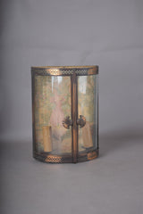 Antique Curved Glass Wall Lamp, Brass Fretwork Vitrine Sconce with fabric Garden Scene, Twin Candle-Form Lights