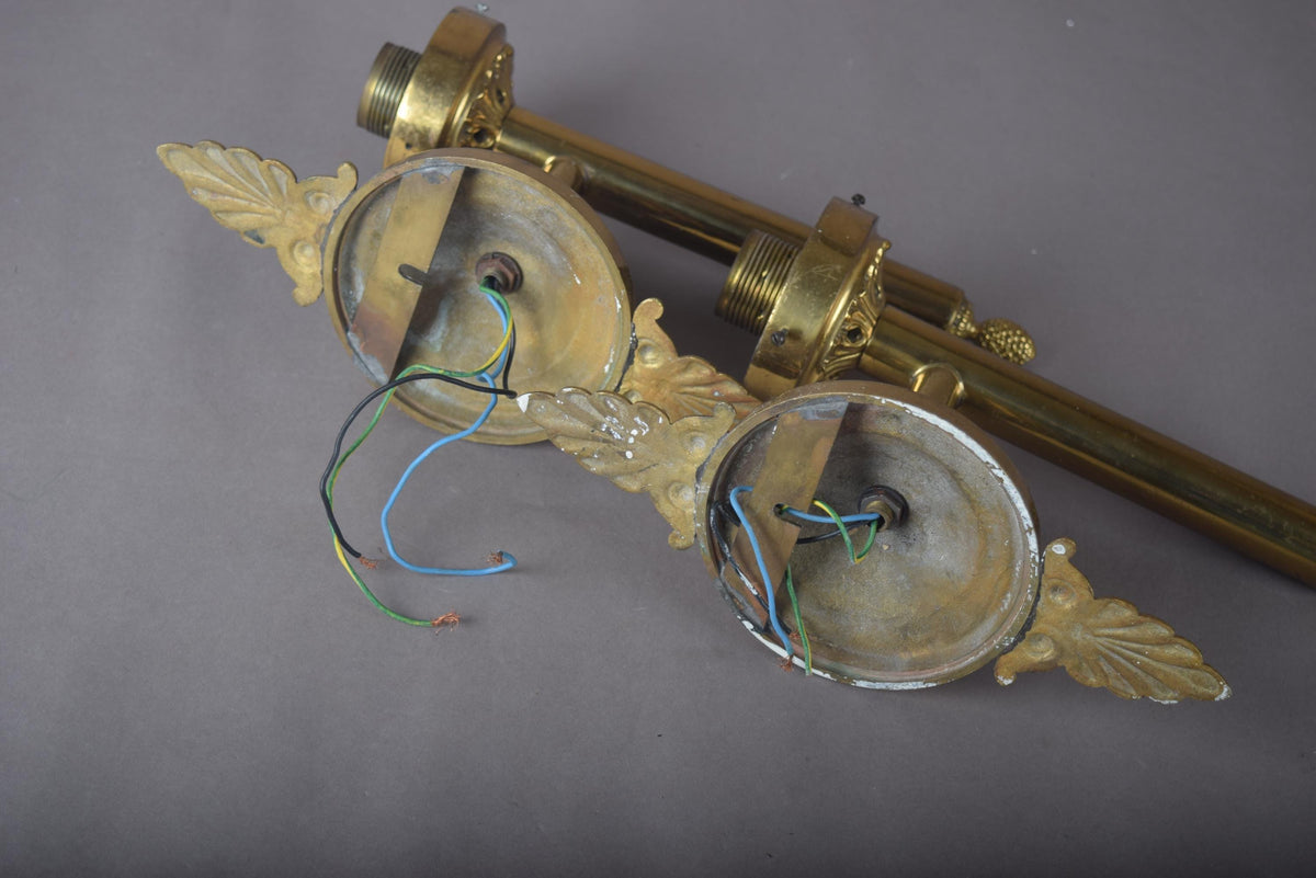 Vintage Solid Brass Wall Sconces, Ornate Rosette Backplate, Pineapple Finial, Pair