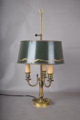 Vintage Brass Bouillotte Lamp, Three-Arm Candelabra Base with Green Tole Shade, French Style Table Lamp