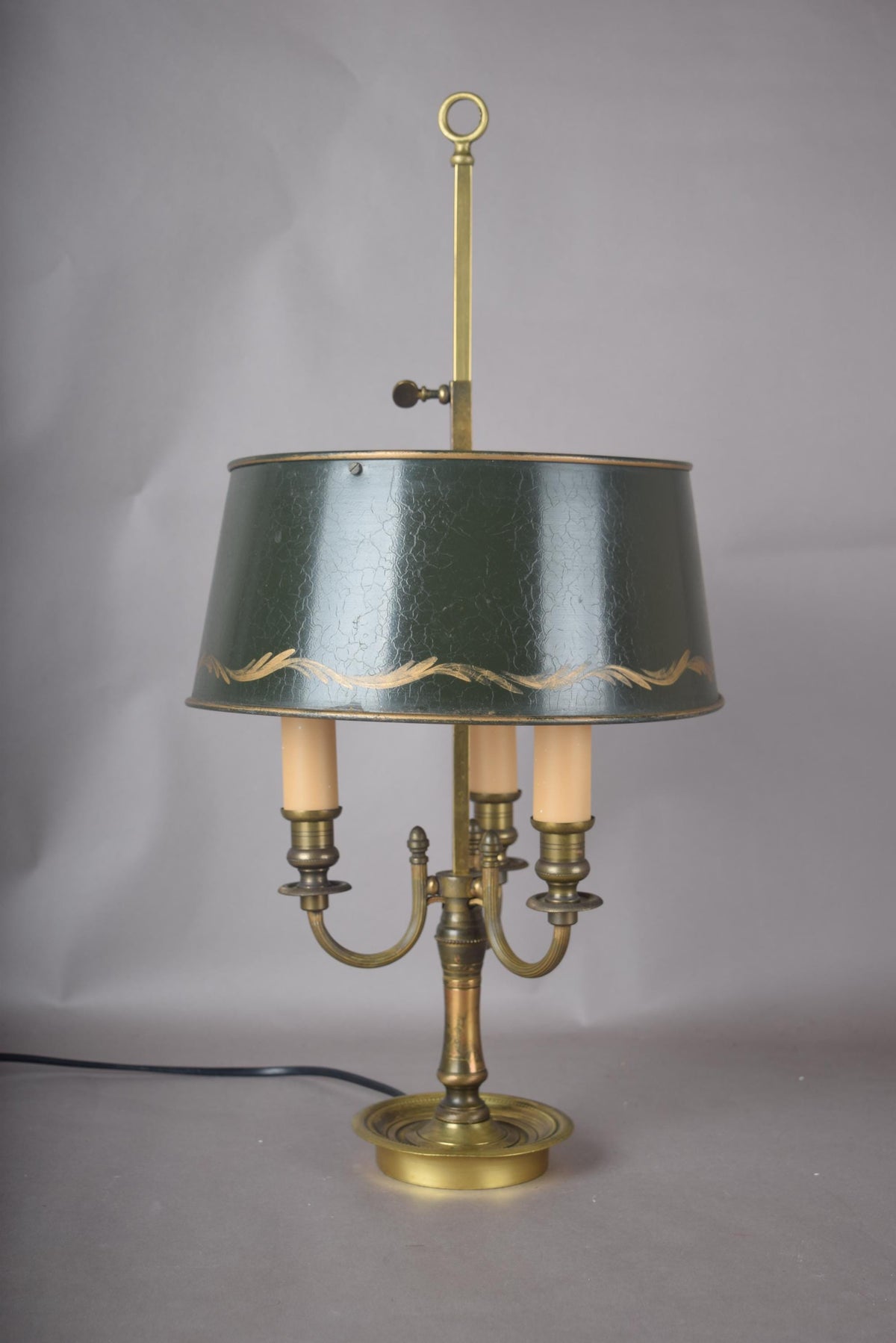 Vintage Brass Bouillotte Lamp, Three-Arm Candelabra Base with Green Tole Shade, French Style Table Lamp