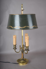 Vintage Brass Bouillotte Lamp, Three-Arm Candelabra Base with Green Tole Shade, French Style Table Lamp
