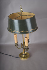 Vintage Brass Bouillotte Lamp, Three-Arm Candelabra Base with Green Tole Shade, French Style Table Lamp