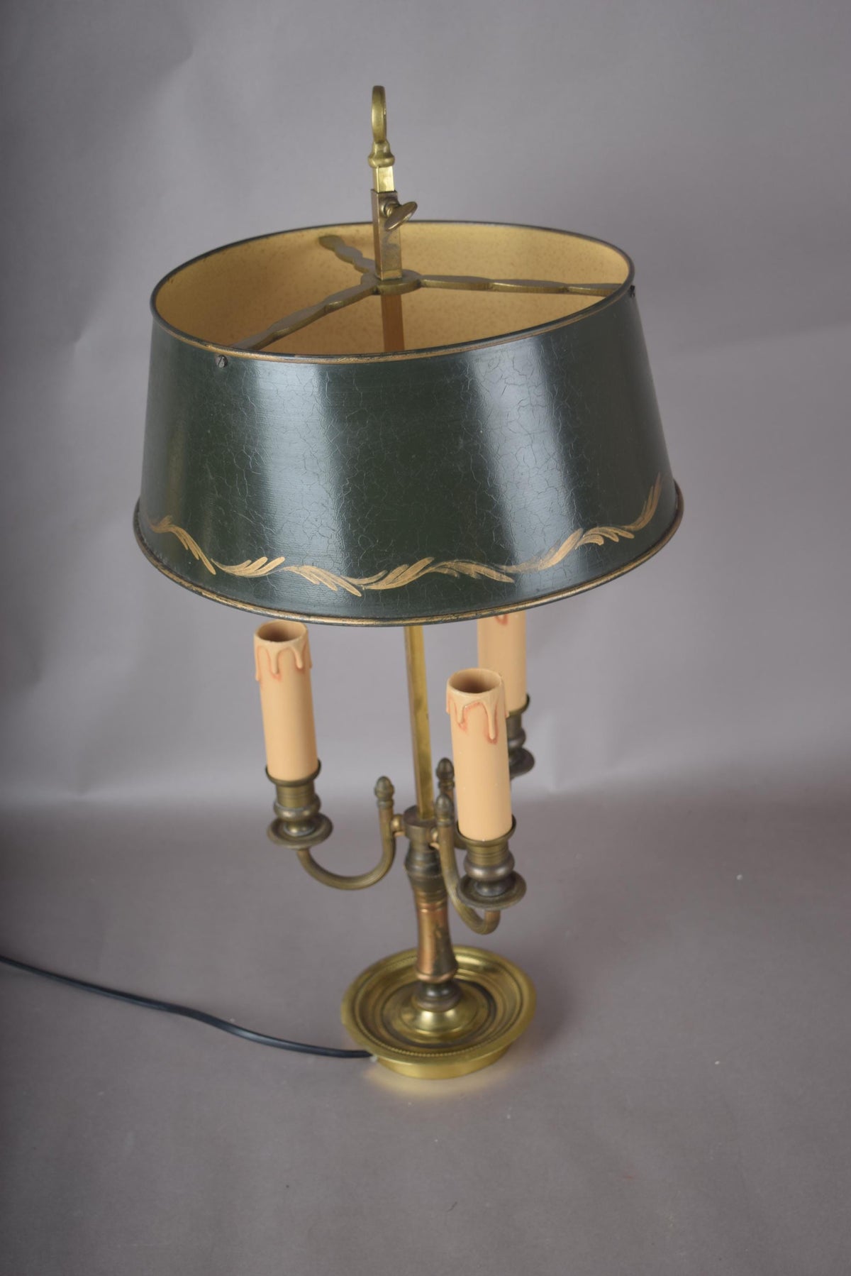 Vintage Brass Bouillotte Lamp, Three-Arm Candelabra Base with Green Tole Shade, French Style Table Lamp