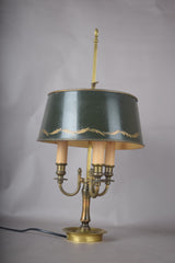 Vintage Brass Bouillotte Lamp, Three-Arm Candelabra Base with Green Tole Shade, French Style Table Lamp