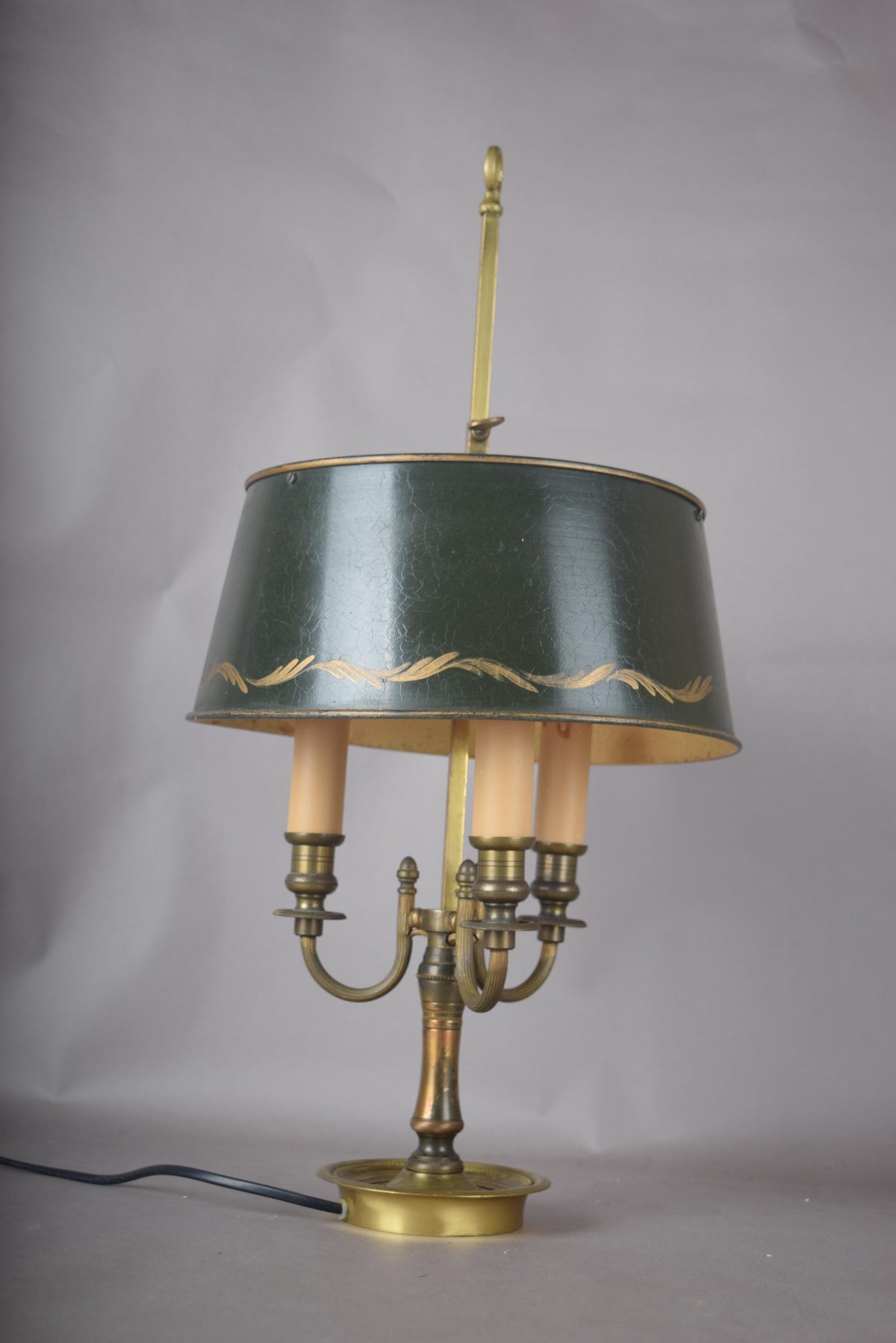 Vintage Brass Bouillotte Lamp, Three-Arm Candelabra Base with Green Tole Shade, French Style Table Lamp