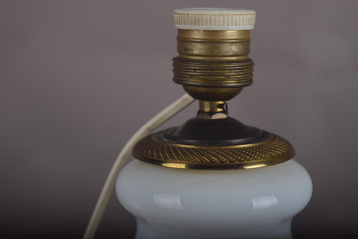 Vintage White Opaline Glass Table Lamp, Baluster Body and Brass Base, Pleated Shade Included