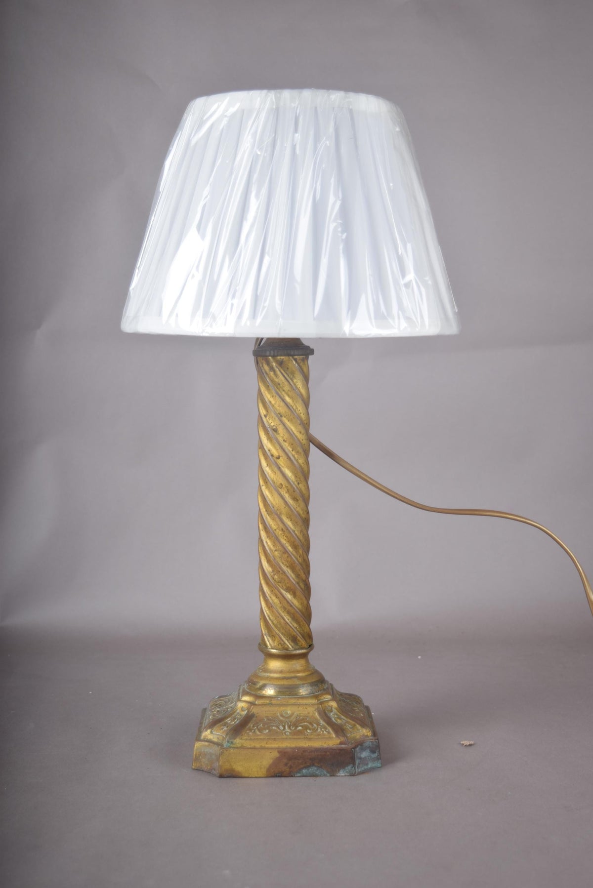 Antique Brass Table Lamp, Twisted Rope Column on Embossed Hexagonal Base, New Shade Included