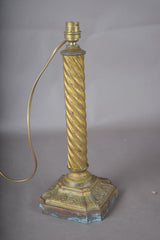 Antique Brass Table Lamp, Twisted Rope Column on Embossed Hexagonal Base, New Shade Included