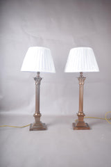 Pair of Antique Brass Corinthian Column Table Lamps, Fluted Column Lamps with New Pleated Shades