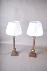 Pair of Antique Brass Corinthian Column Table Lamps, Fluted Column Lamps with New Pleated Shades