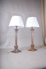 Pair of Antique Brass Corinthian Column Table Lamps, Fluted Column Lamps with New Pleated Shades
