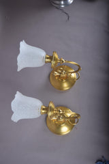 Vintage Brass Wall Sconces, Frosted Textured Tulip Glass Shades, Pair