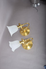 Vintage Brass Wall Sconces, Frosted Textured Tulip Glass Shades, Pair