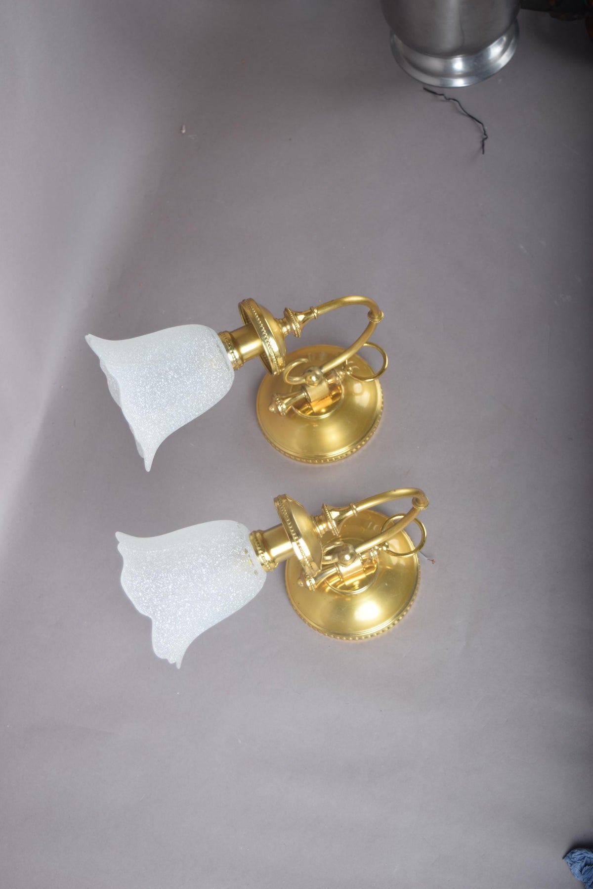 Vintage Brass Wall Sconces, Frosted Textured Tulip Glass Shades, Pair