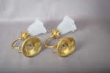 Vintage Brass Wall Sconces, Frosted Textured Tulip Glass Shades, Pair