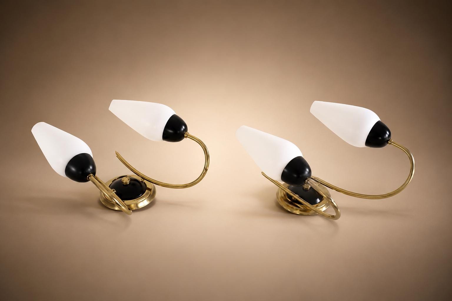Set of French 1950s Brass Wall Sconces, White Opaline Tulip Shades