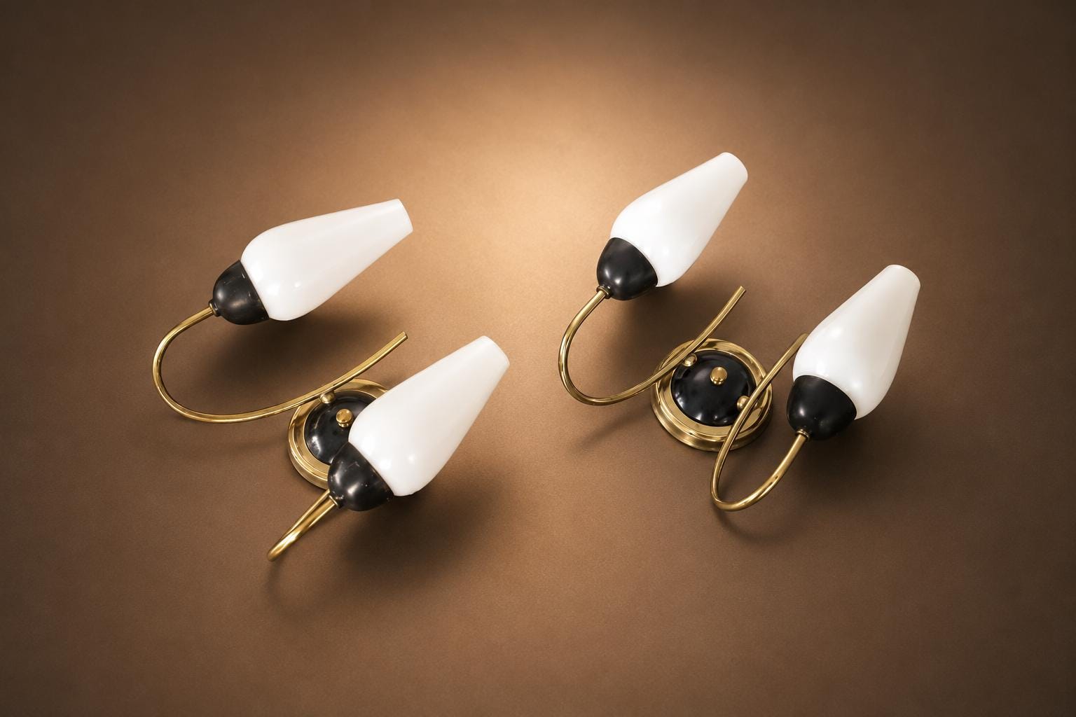 Set of French 1950s Brass Wall Sconces, White Opaline Tulip Shades