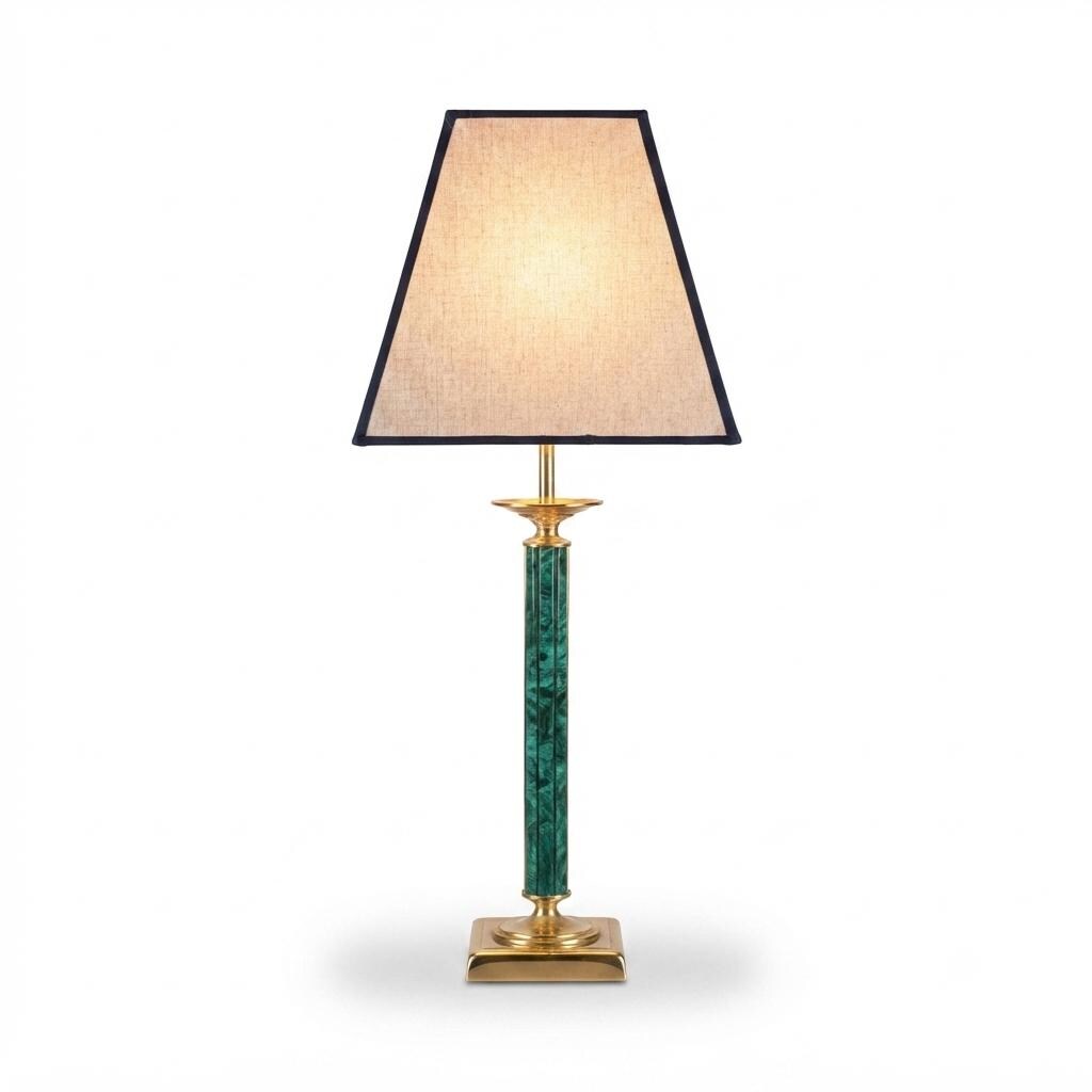 Vintage 1980s Table Lamp, Malachite-Style Green Column, Gold-Toned Metal, Hollywood Regency Style