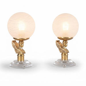 Vintage Brass-Toned Angel Table Lamps, Frosted Glass Globe Shade, Hollywood Regency, 1980s, Pair