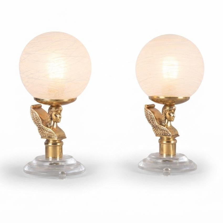 Vintage Brass-Toned Angel Table Lamps, Frosted Glass Globe Shade, Hollywood Regency, 1980s, Pair