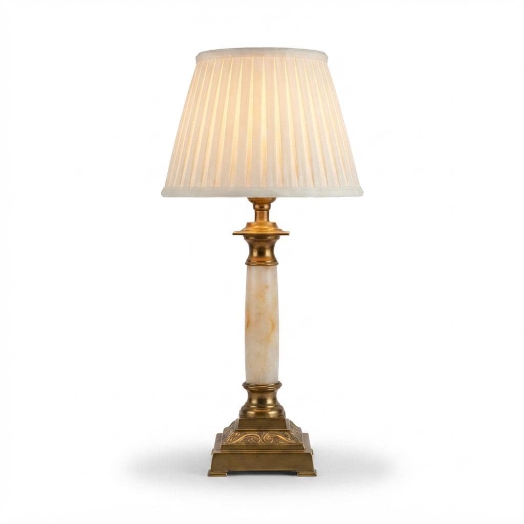 Vintage Brass and White Onyx Column Table Lamp, Square Brass Base