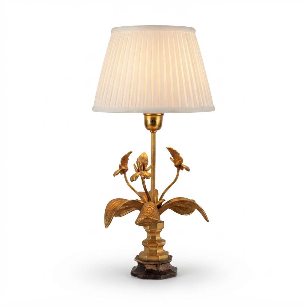 Vintage Brass Table Lamp, Floral and Leaf Motif, Wooden Base, 1970s