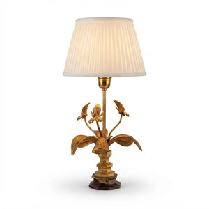Vintage Brass Table Lamp, Floral and Leaf Motif, Wooden Base, 1970s