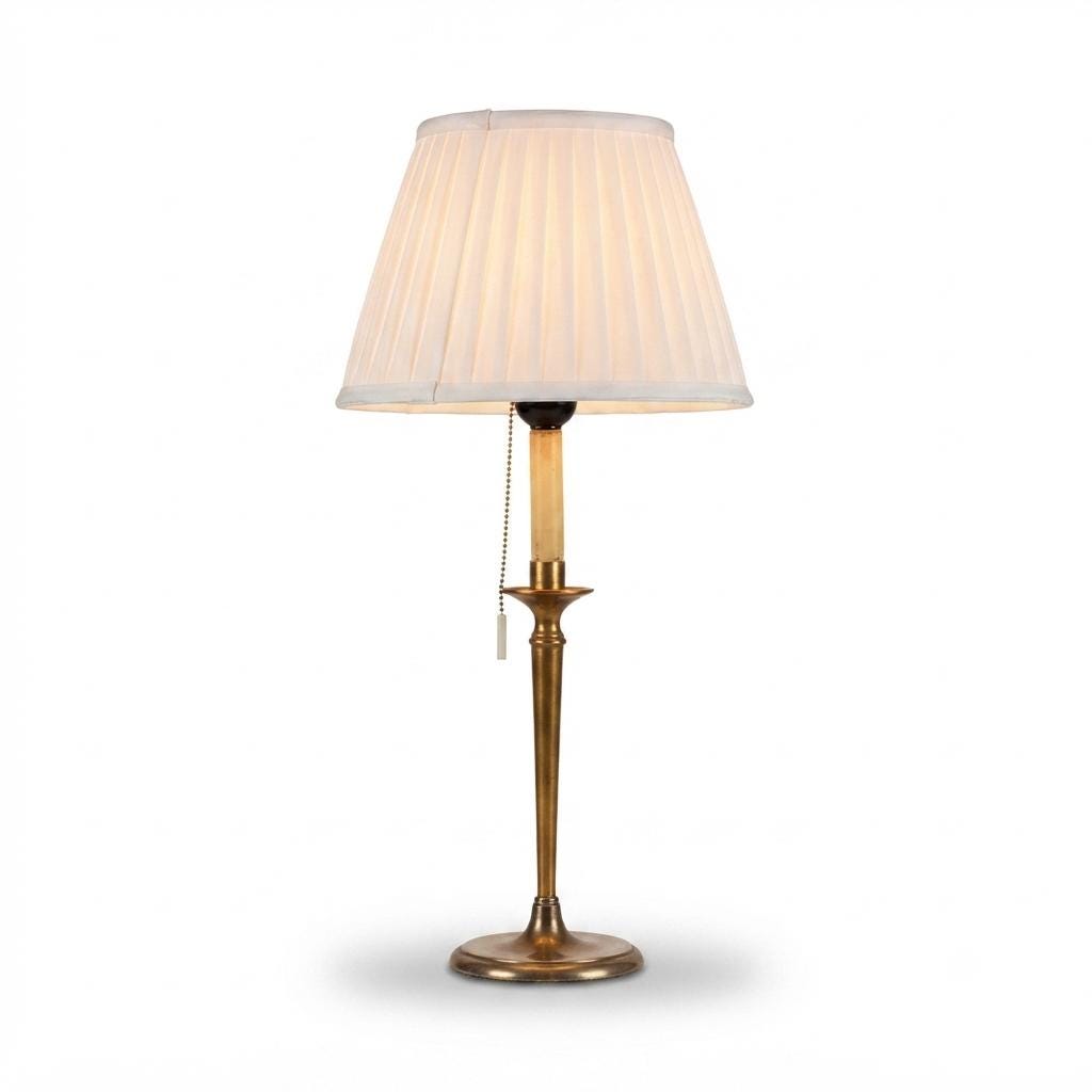 Vintage Brass Table Lamp, Worn Silver-Tone Finish, Pleated Shade, 1940s