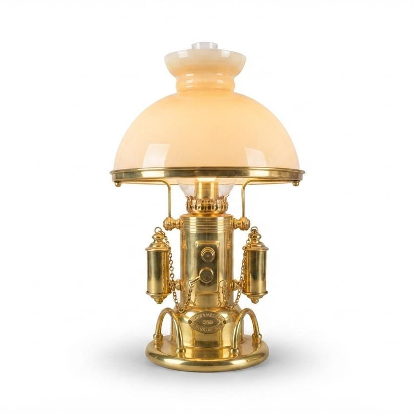 Vintage 1980s Gold-Plated Brass Nautical-Style Table Lamp – "SS Kansas City" Maritime Signal Lamp Design, Glass Dome Shade