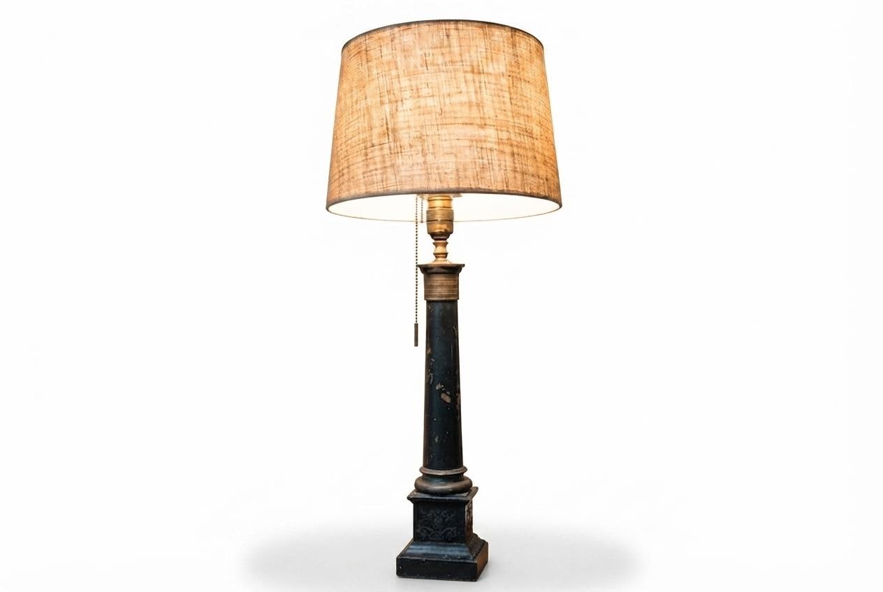 Vintage 1950s Green Painted Column Table Lamp – Gilt-Brass Mounts, Laurel Wreath Medallion, Neoclassical Empire Style