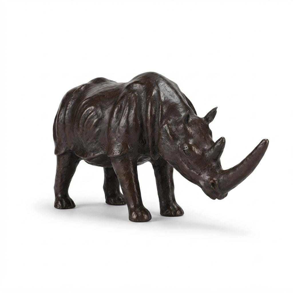 Vintage Leather Rhinoceros Sculpture, Large Safari-Style Animal Figure, 56cm Statement Decor Piece, 1970s