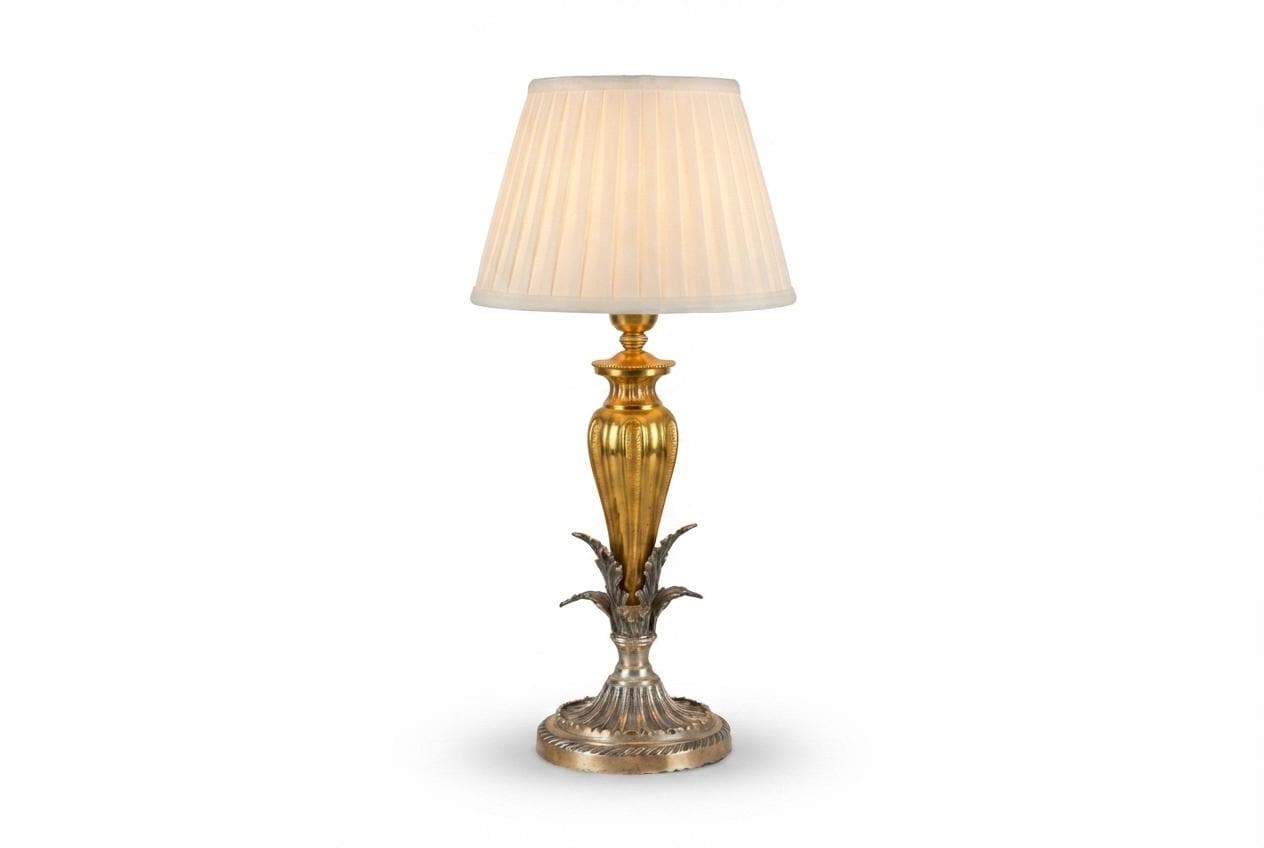 Vintage Ornate Brass Table Lamp | Dual-Tone Gold & Silver Fluted Design | Sculpted Leaf Motif | Circa 1960s | Rewired
