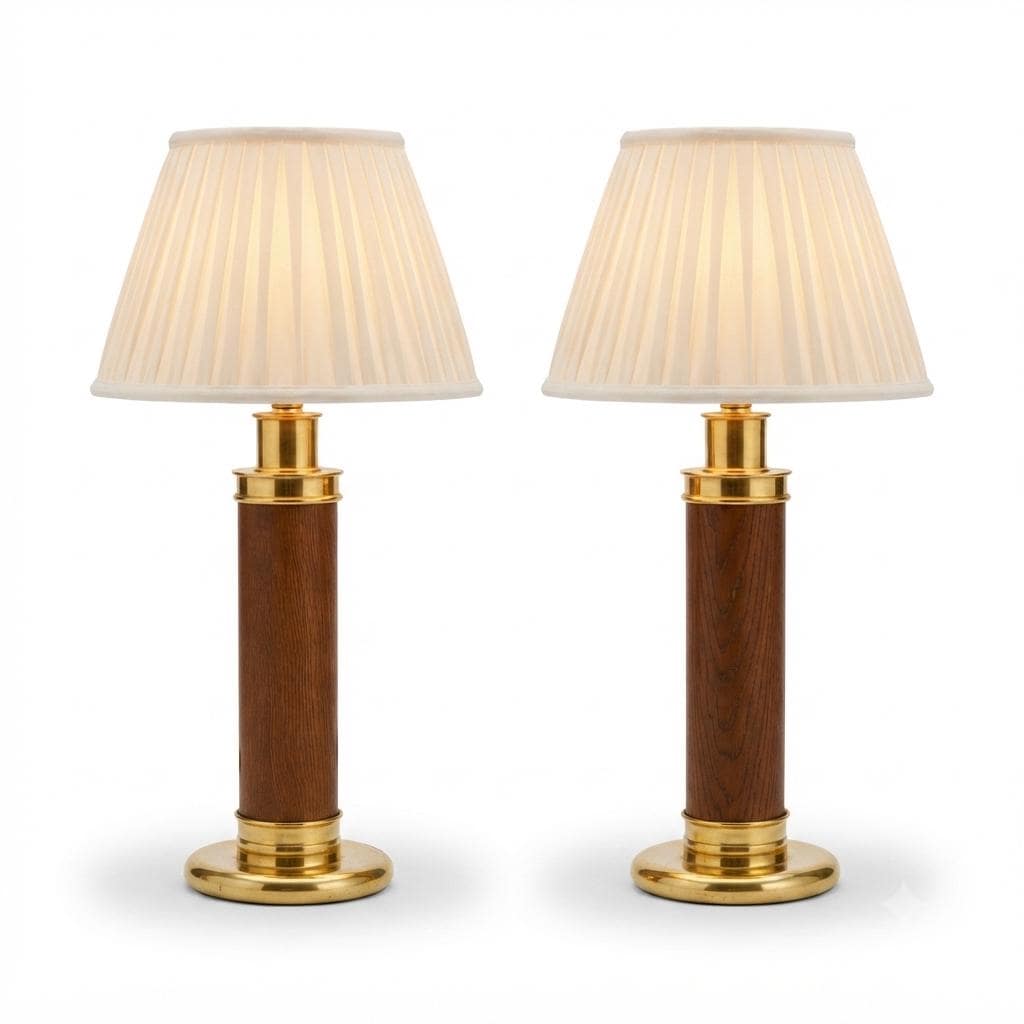 Vintage Pair of 1960s Wood & Brass Table Lamp Bases | Mid-Century Turned Column Lamps | Wired and Ready | Set of 2