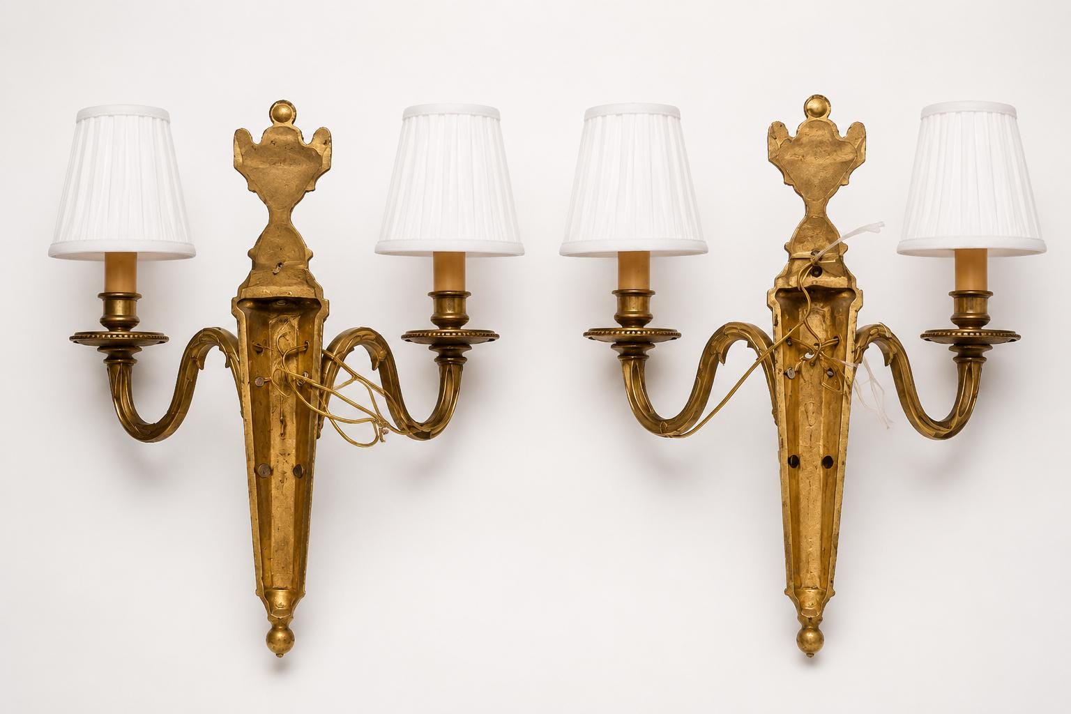 Vintage Brass Double-Arm Wall Sconces, Urn Finial Backplate, Pair, 1950s
