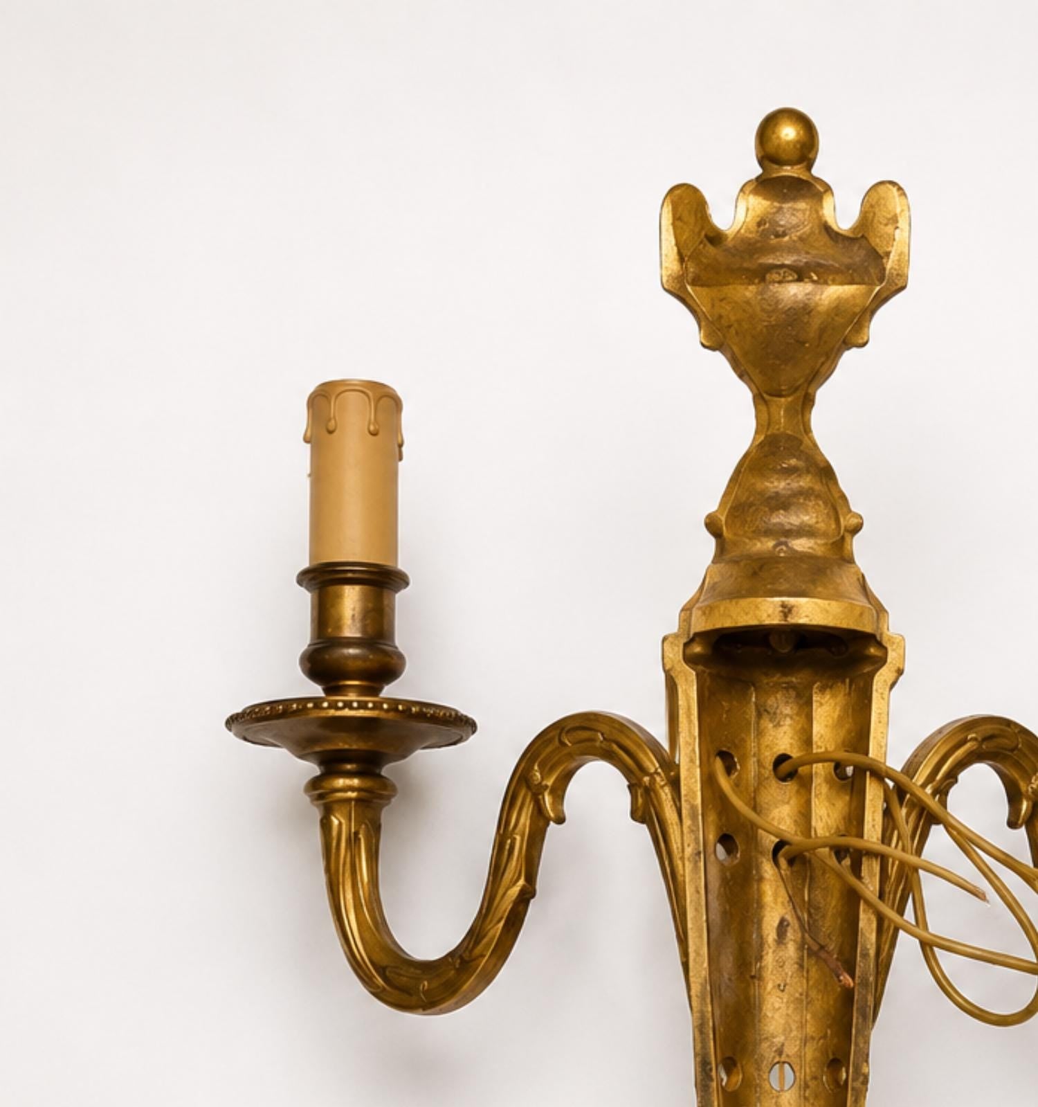 Vintage Brass Double-Arm Wall Sconces, Urn Finial Backplate, Pair, 1950s